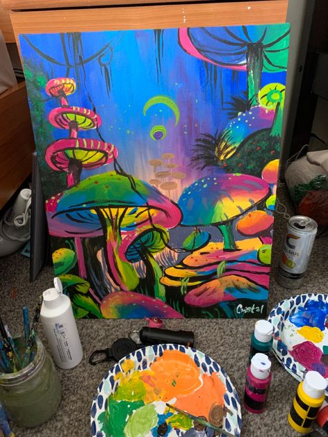 Very Colorful Drawings, Portal Painting Ideas, Trippy Aesthetic Paintings Canvases, Trippy Landscape Painting, Things To Paint On Canvas Trippy, Trippy Mushroom Painting, Trippy Painting Ideas Creative, Cool Painting Ideas Trippy, Trippy Canvas Art