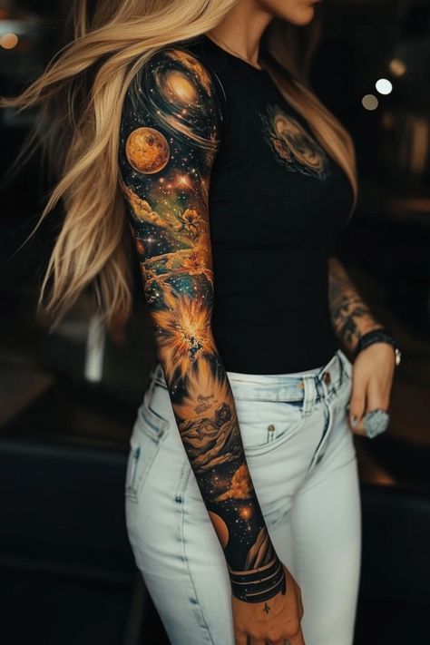 Galaxy Themed Tattoo Sleeve, Galaxy Arm Sleeve Tattoo, Space Rib Tattoo, Nebula Tattoo Galaxies, Tattoo Ideas Female Space, Book Space Tattoo, Shoulder Arm Sleeve Tattoos For Women, Celestial Half Sleeve Tattoo, Planets Tattoo Ideas