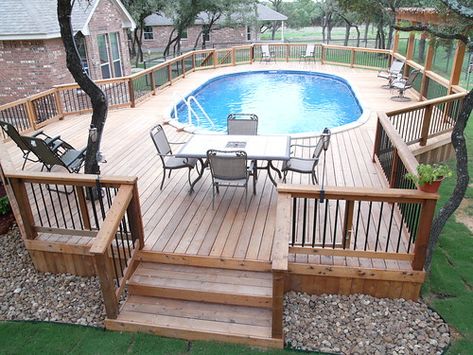 Vogue Revelation in Helotes - Bexar County | Above ground; V… | Flickr Wood Pool Deck, Oberirdischer Pool, Ideas De Piscina, Deck Piscina, Oval Pool, Oberirdische Pools, Pool Deck Plans, Pool Images, Swimming Pool Decks