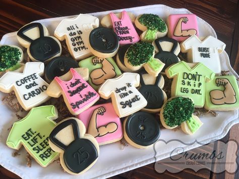 Fitness themed cookies by Crumbs (@CrumbsCustomCookies on Instagram) Gym Theme Party Decoration, Gym Themed Cookies, Funny Decorated Cookies, Gym Cake, Custom Desserts, Cooking Advice, Sugar Cookie Designs, Theme Party Decorations, Baby Shower Cookies