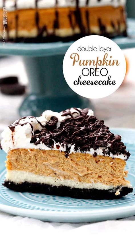 Double Layer Pumpkin Cheesecake with Oreo Crust - with Video! Pumpkin Oreo Cheesecake, Royal Food, Oreo Crust Cheesecake, Layered Pumpkin Cheesecake, Coconut Dessert, Pumpkin Cheesecake Recipes, Carlsbad Cravings, Brownie Desserts, Thanksgiving Food Desserts