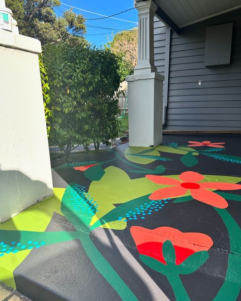 Painted Concrete Floors Outdoor, Sidewalk Stencil, Witchy Corner, Backyard Mural, Hallway Mural, New Front Porch, Outdoor Murals, Exterior Murals, Same Same But Different