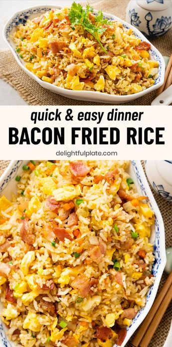 Transform leftover rice into this easy and delicious Bacon & Egg Fried Rice with simple kitchen staples you likely have on hand. You can put it together for family dinners or gatherings in under 30 minutes. This fried rice recipe also includes diced veggies besides bacon to make it healthier. Bacon Fried Rice Recipe, Potluck Party Food, Bacon Fried Rice, Bacon Dinner, Risotto Dishes, Fried Rice Recipe Easy, Fried Rice With Egg, Kitchen Staples, Bacon Fries