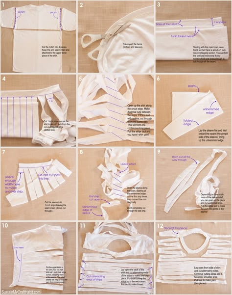 Make your own t-shirt yarn using the whole shirt! Check out the detailed pictorial to use up an entire t-shirt including the sleeves. SUSTAIN MY CRAFT HABIT Projek Mengait, Make Your Own Tshirt, Modern Haken, Yarn Tutorials, Confection Au Crochet, Tshirt Crafts, Fabric Yarn, Diy Rug, Yarn Projects