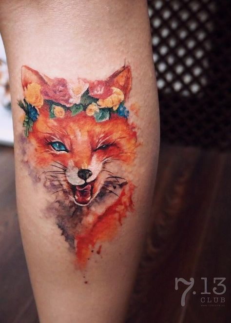 Fox Tattoo Meaning, Red Fox Tattoos, Fox With Flowers, Watercolor Fox Tattoos, Fox Tattoo Design, Tattoo Pictures, Deer Tattoo, Fox Tattoo, Grey Tattoo