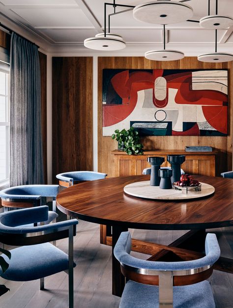 Dining Room Artwork, Patterned Ottoman, Black Walnut Table, Modernist Interior, Artwork Inspiration, Room Artwork, Midcentury Home, Oak Panels, Hamptons House