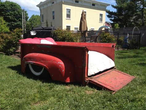 Click this image to show the full-size version. Old Truck Bed Ideas Yards, Ranch Patio, Car Yard, 1956 Ford Truck, Vintage Bed Frame, Old Car Parts, Truck Beds, Backyard Adventure, Car Part Furniture