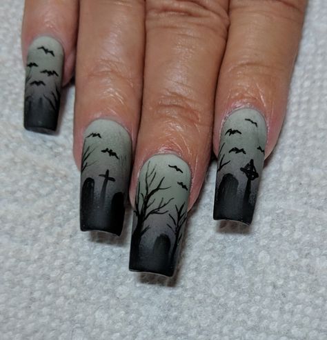 Eye Nail Art Halloween, Graveyard Nails Art Designs, Mortician Nails, Spooky Tree Nails, Gravestone Nails, Haunted House Nail Art, Graveyard Nail Art, October Nails Halloween Acrylic, Detailed Halloween Nails