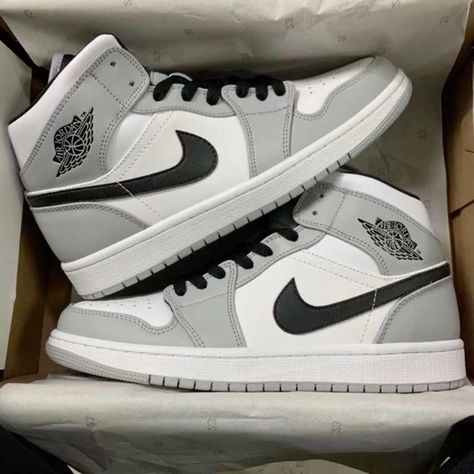 Nike, air jordan, aestheic shoes, shoe inspo, shoe game, shoes, sneakers, sneakerhead Jordan 1 Shoes For Women, Jordan 1 Smoked Grey Mid Outfit, Grey Nike High Tops, Cool Nike Shoes Women Sneakers, All Nike Shoes Women, Aesthetic Air Jordans, Jordans 1 Smokey Grey, Good Nike Shoes, Nike Jorden1