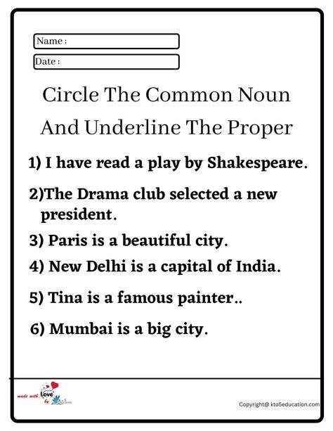 Circle The Common Noun And Underline The Proper Worksheet | FREE Download  Check more at https://kto5education.com/circle-the-common-noun-and-underline-the-proper-worksheet/ Common Nouns Worksheet, Noun Games, Common Noun, Writing Worksheets Kindergarten, Grammar Work, Proper Nouns Worksheet, Basic English Grammar Book, Teach English To Kids, Rational Expressions