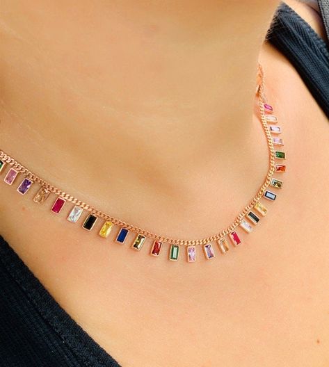 Baguette Multicolor Choker / 925 Silver Rose Gold Plated / CZ Stone Choker / Curb Link Bezel Rainbow Necklace by ElizzJewels on Etsy Hypoallergenic Necklace, Baguette Necklace, Colorful Necklace, Trendy Necklace, Stone Choker, Rainbow Jewelry, Jewel Necklace, Rainbow Necklace, Multi Layer Necklace