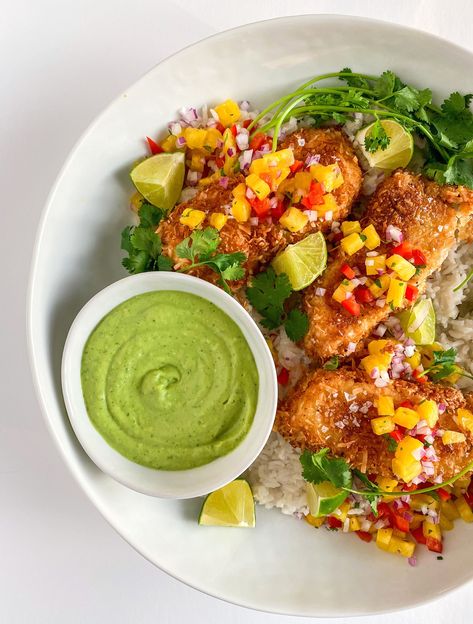 Coconut and Panko Crusted White Fish with Pineapple Salsa and Creamy Avocado Sauce — forlemonsake Crusted White Fish, Coconut Fish, White Fish Recipes, Creamy Avocado Sauce, Avocado Sauce, Pineapple Salsa, Fish Dinner, White Fish, Coconut Rice