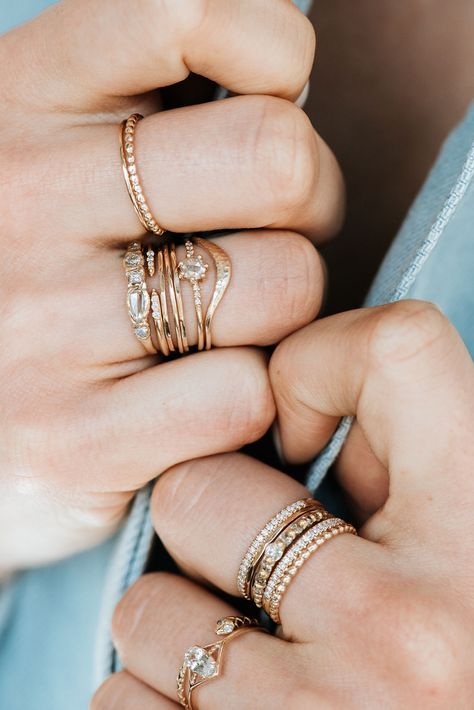 Ring Stacking Ideas Both Hands, Stacked Dainty Rings, Boho Ring Stack, Diamond Rings Stack, Rose Gold Ring Stack, Boho Stacking Rings, Dreamy Rings, Jewelry Redesign, Dainty Rings