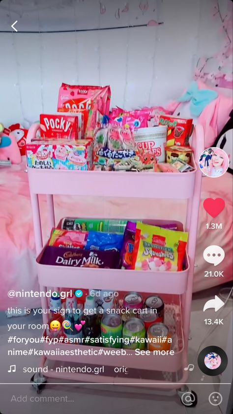 Snack Cart Kawaii, Kawaii Snack Cart, Snack Cart Ideas, Snack Closet, Snack Stash, Attic Room Ideas, Sleepover Beds, Food Trolley, Pink Snacks