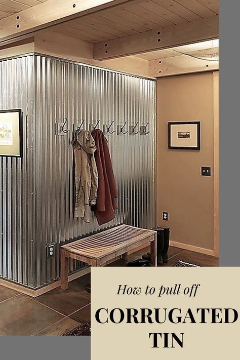 Steel Siding Interior Walls, Corrugated Steel Wall, Corrugated Tin Wall, Tin Walls Living Room, Metal Ceiling Ideas Corrugated Sheets, Metal Wainscoting Ideas, Tin Ceiling Ideas Rustic, Tin On Walls Ideas, Tin Ceiling Ideas