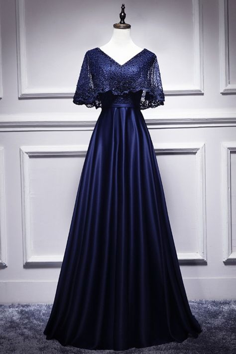 Satin V-neck Evening Dress For Banquet, Banquet Satin V-neck Evening Dress, V-neck Satin Evening Dress With Sweep Train, Evening Satin V-neck Dress With Sweep Train, Navy Blue Lace Prom Dress, High Low Evening Dresses, Embroidered Beads, Off Shoulder Evening Dress, Dress Elegant Long