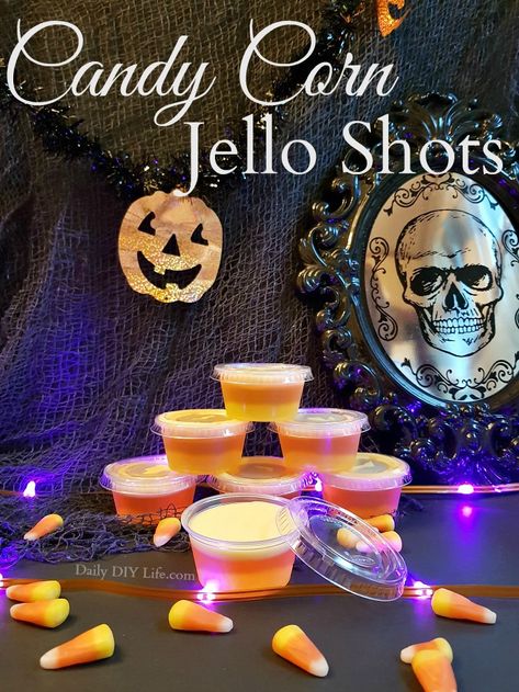 Grown-ups need a trick or treat too! These Candy Corn Jello Shots are a whimsical treat for the adults looking to bring out their inner child. Sweet, strong and potent, just the right kick for all the grown-ups this Halloween. Enjoy Responsibly! #Cocktails #FallCocktails #CandyCornDrinks #JelloShots #AdultBeverages #HalloweenCocktails Candy Corn Drinks, Candy Corn Jello, Candy Corn Jello Shots, Alcohol Candy, Halloween Jello Shots, Halloween Jello, Halloween Shots, Layered Jello, Jello Shot Recipes