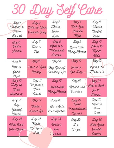 -A 30-day self-care challenge typically involves setting aside time each day for activities that promote physical, mental, and emotional well-being. Each day, you can focus on different aspects of self-care such as exercise, meditation, journaling, spending time outdoors, practicing gratitude, self-reflection, trying something new, or connecting with loved ones. -The goal is to prioritize self-care and develop healthy habits over the course of 30 days. -You do not have to go in order of challenge, be creative and set ground. Perfect Self Care Day Routine, 25 Days To Go, July Self Care Challenge, 30 Day Self Care Challenge For Women, August Self Care, Try Something New Challenge, 30 Day Self Care Challenge, Meditation Journaling, 30 Day Self Care