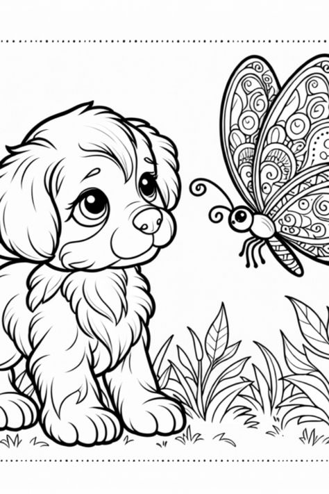 Explore this charming coloring page featuring an adorable puppy gazing at a beautiful butterfly amidst a lovely backdrop of flowers and grass. Perfect for a relaxing coloring adventure, embrace the joy of creating a colorful masterpiece with this delightful Puppy and Butterfly coloring page. Garden Full Of Flowers, Butterfly Coloring, Puppy Coloring Pages, Puppy Sitting, Super Cute Puppies, Dog Coloring Page, Relaxing Colors, Adorable Puppy, Tiny Bird