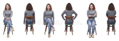 Collage of a woman sitting on a chair in white background, front and back view royalty free stock photo Sitting Reference Front View, Sitting Poses Front View, Sitting Front View Reference, Draw Your Oc, Sitting Chair, Art Help, Sitting Poses, Woman Sitting, Illustration Character