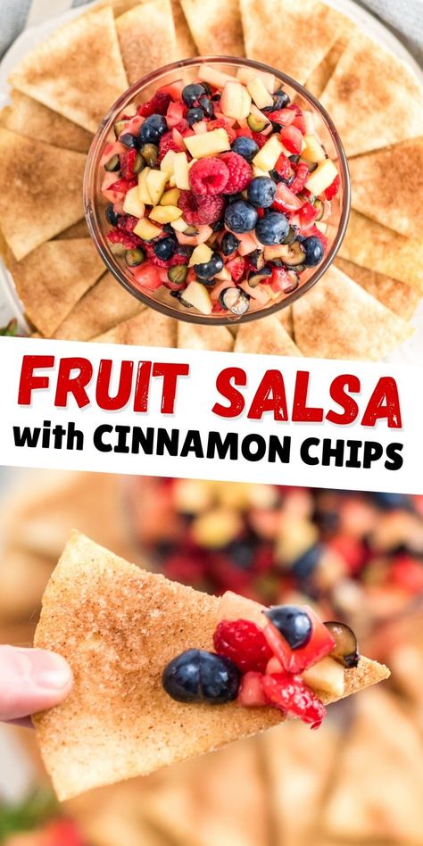 Loaded with fresh fruit and berries, fruit salsa with homemade cinnamon chips makes an easy and refreshing summer dessert #fruit #salsa #fruitdessert Fruit Pairings, Cinnamon Sugar Chips, Summer Fruit Desserts, Fresh Fruit Desserts, Fruit Desserts Easy, Fruit Appetizers, Fresh Fruit Recipes, Dessert Fruit, Cinnamon Chips