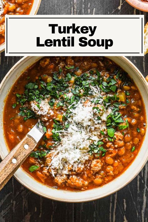 This Turkey Lentil Soup is a super easy and delicious dinner with tender vegetables, melt in your mouth lentils, and juicy ground turkey. Made all in one pot, it’s a perfect easy weeknight meal. Ground Turkey Soups And Stews, Lentil Turkey Soup, Ground Turkey Lentil Soup, Ground Turkey And Lentils Recipes, Turkey And Lentil Soup, Ground Turkey Soup Recipes, Soup With Ground Turkey, Lentil Soup Crockpot, Turkey Soup Crockpot