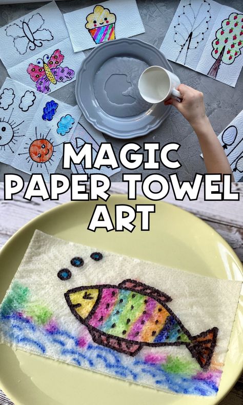 Magic Appearing Pictures Paper Towel Art Experiment  - In The Playroom Paper Towel Science Experiment, Magic Crafts For Kids Art Projects, Magic Paper Towel Art, Magic Crafts For Kids, Magic Activities, Dinosaur Movies For Kids, Paper Towel Art, Magical Crafts, Towel Art