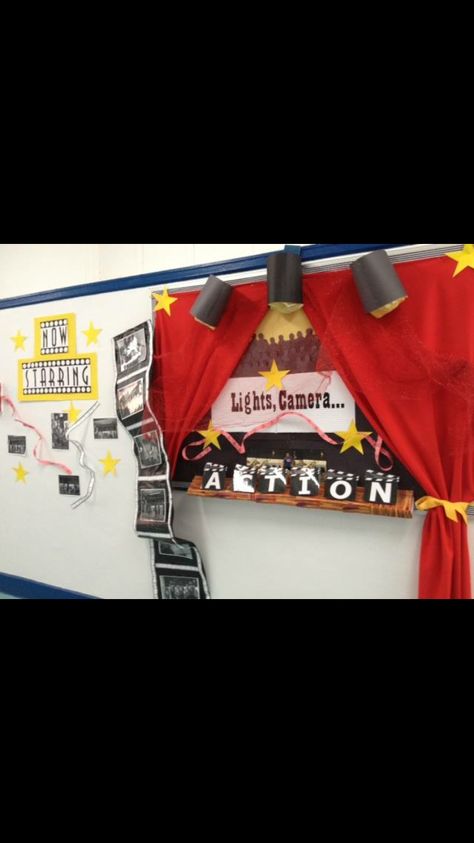 Lights, camera, action bulletin board Lights Camera Action Bulletin Board, Lights Camera Action Theme Homecoming, Lights Camera Learn Theme, Lights Camera Action Theme Classroom, Lights Camera Action Theme, Popcorn Theme Classroom, Starry Night Prom, Teacher Appreciation Week Themes, All About Me Project