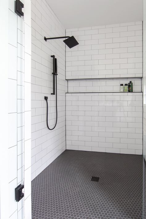 Matte Black Shower Fixtures, Black Shower Fixtures, Herringbone Tile Bathroom, Creek Ideas, White Subway Tile Shower, Upstate House, White Subway Tile Bathroom, Shower Pan Tile, Bathroom Minimalist