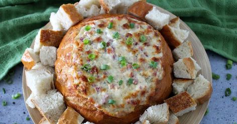 This bread bowl dip is savory, creamy, and delicious. It's an easy appetizer to make for your next party. Swiss Bread, Bread Bowl Dip, Christmas Leftovers, Ham And Swiss, Hot Crab Dip, Easy To Make Appetizers, Hot Bread, Just A Pinch Recipes, Bread Bowl