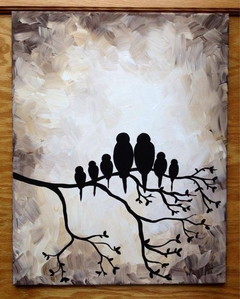 Swallow Silhouette, Love Birds Painting, Christmas Paintings On Canvas, Silhouette Painting, Bird Silhouette, Black And White Painting, Family Art, Night Painting, Acrylic Canvas