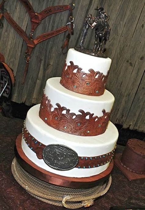 Tooled leather western cake Country Themed Wedding Cake, Sweet 16 Country Theme Ideas, Western Sweet 16 Ideas, Western Wedding Cake, Western Wedding Cakes, Cowboy Cakes, Country Western Wedding, Cowboy Decor, Western Themed Wedding