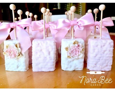 Floral Rice Krispy Treats, Baby In Bloom Rice Krispies, Baby Shower Pretzels, Pink And White Rice Krispie Treats, Pink And Gold Rice Crispy Treats, Pink Chocolate Rice Crispy Treats, Rice Krispie Treats Decorated Pink, Minnie Mouse Rice Krispy Treats Pink, Rice Crispy Squares