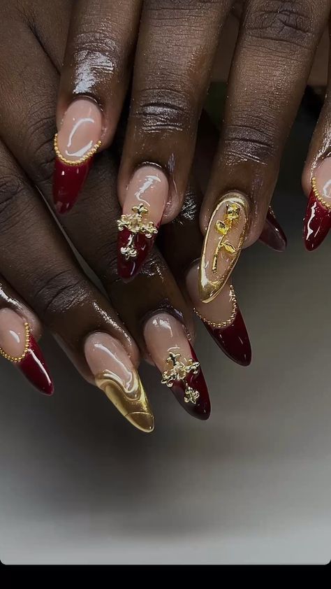 Red Gel X Nail Designs, Red N Gold Nails, Nail Ideas Red And Gold, Red And Gold Acrylics, Red Funky Nails, Square Acrylic Nails Gold, Nails Acrylic Unique, Pretty Red Nails Design, Nail Ideas Gems