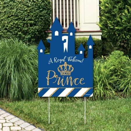 Tell everyone where the party is when you welcome your friends and family with a prince lawn sign. This reusable party sign is waterproof, making it perfect for any outdoor space. Displaying your Royal Prince Charming - Party Decorations - Baby Shower or Birthday Party Welcome Yard Sign is easy - simply insert the included stakes into the plastic yard sign and then into the lawn or courtyard to let everyone know where the party is. This decorative yard sign is perfect for short-term display but Royal Prince Birthday Party, Prince Birthday Theme, Prince Baby Shower Theme, Royal Birthday Party, Prince Birthday Party, Trendy Baby Shower Themes, Prince Theme, Royal Theme, Prince Party