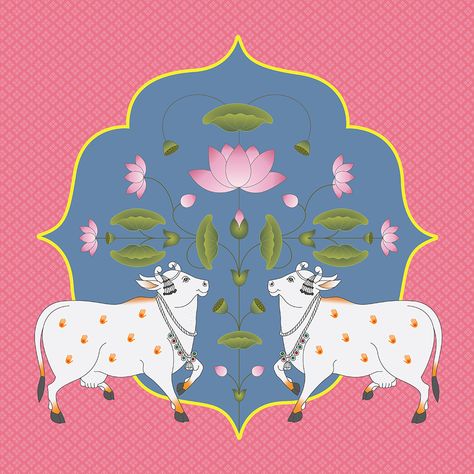 Pichwai Illustration, Modern Pichwai Paintings, Pichwai Cow Painting, Pichwai Prints, Pichwai Cow, Painting For Interior, Wallpapers For Walls, Indian Traditional Paintings, Cow Art Print