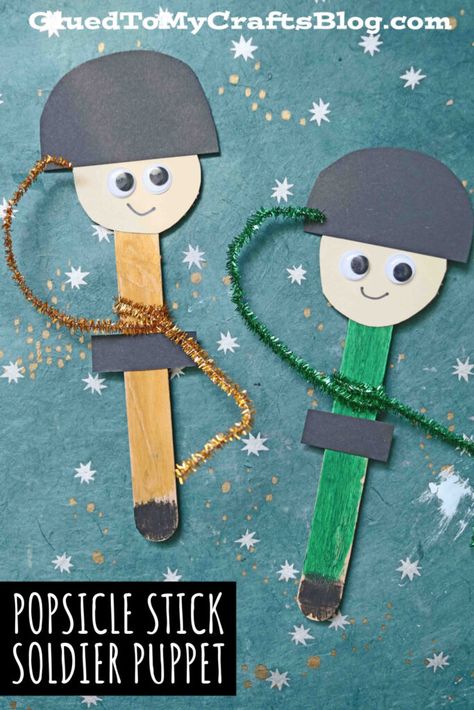 Military Crafts For Kids, Appreciation Crafts, After School Crafts, April Preschool, Back To School Bash, Army Crafts, Military Crafts, Veterans Day Activities, Puppet Craft