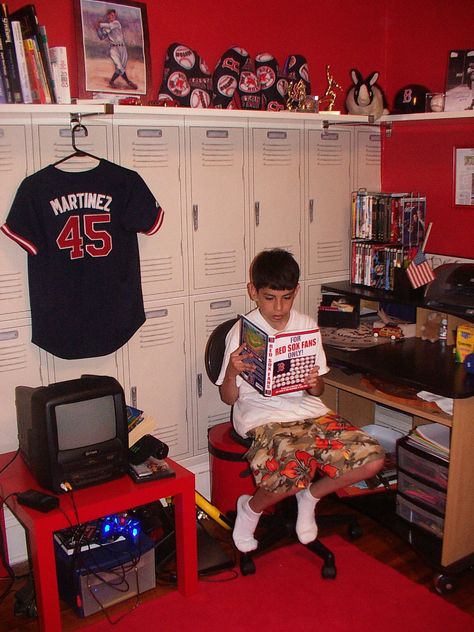 I loved the Red Sox Room I created for my son.  This is the locker wall (wallpaper). It looked very realistic! Rory Bedroom, Sports Room Man Cave, Red Sox Room, Red Socks Fan, Bed Socks, Sports Room, Win Or Lose, Pretty Room, Room Idea