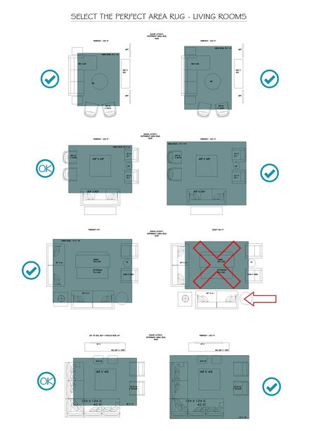 Living room area rug sizes - two options of rug sizes per living room furniture grouping Rug Size Guide Living Room, Area Rug Size Guide, Rugs Layout, Area Rug Placement, Living Room Rug Placement, Living Room Rug Size, Rug Over Carpet, Rug Placement, Large Living Room Rugs