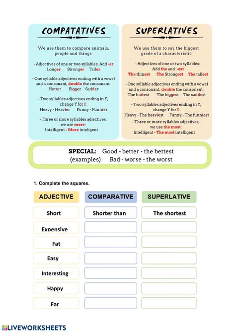 Comparative And Superlative Adverbs, Comparative Adjectives Worksheet, English Liveworksheet, Comparative And Superlative Adjectives, Comparatives And Superlatives, Comparative And Superlative, Adjectives Activities, Education Worksheets, English Tutor