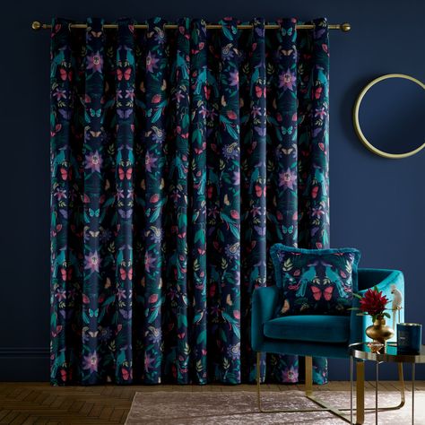 Embrace the allure of a tropical paradise, as vibrant foliage dances with charming paradise birds and dragonflies on a soft to touch velvet base. Finished with an easy hang eyelet header and lined with a recycled 9olyester to help control light and offer privacy. Panel Size: 117cm W x 137cm D Bird Curtains, Navy Blue Curtains, Wide Curtains, Catherine Lansfield, Eyelet Curtains, Window Types, Blue Curtains, Lined Curtains, Tropical Design