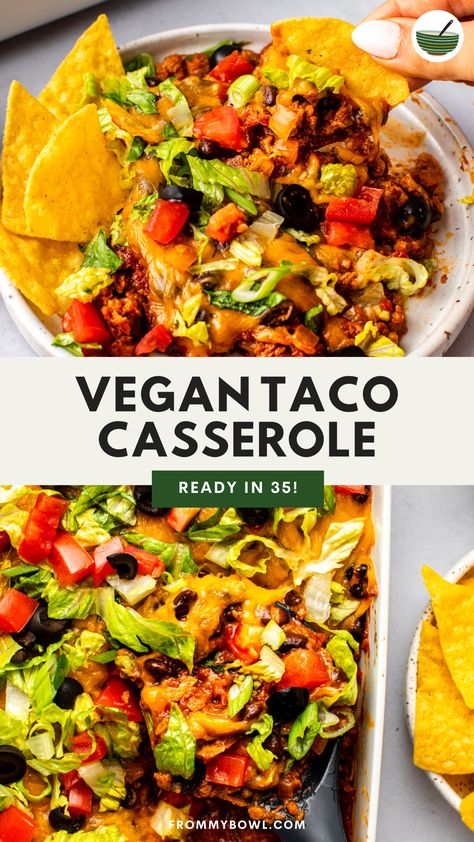 This quick and easy Vegan Taco Casserole is packed with protein and delicious Tex-Mex flavors! Serve it as a fun party dip with tortilla chips or over fluffy rice for a hearty dinner. Vegan, Gluten-Free, Oil-Free Option. Vegan Taco Dip, Vegan Taco Casserole, Vegan Doritos, Tex Mex Casserole, Vegan Casseroles, Grilled Corn Salsa, Vegan Tacos Meat, Vegan Ground Beef, Vegan Taco