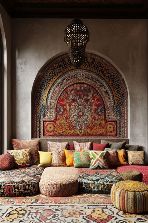 Add modern Moroccan decor elements for a rich and vibrant look. #MoroccanDecor #ModernStyle #BoldInteriors Moroccan Tea Room, Moorish Interior Design, Moroccan Design Interior, Moroccan Inspired Living Room, Modern Moroccan Interior Design, Moroccan Style Interior Design, Modern Moroccan Decor, Morocco Interior, Moroccan Interior Design