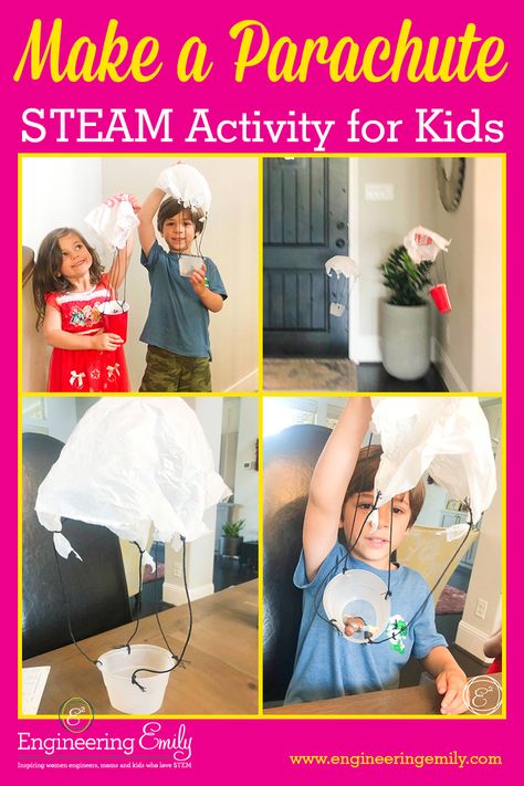 Make an easy parachute at home by reusing recycled materials! This activity is so simple to make and will provide endless entertainment for your kids! Learn the STEAM concepts of how a parachute works while playing and having fun with your kids! Try it today!  #stemforkids #parachute #reducereuserecycle #sciencexperiement #scienceforkids #engineeringforkids #mathforkids #activitiesforkids #homeschooling Fireworks In A Jar, Steam Activities Elementary, Cloud In A Jar, 13 Fishing, Salt Bowl, Elementary Stem Activities, Steam Activity, Steam Ideas, Water Ice