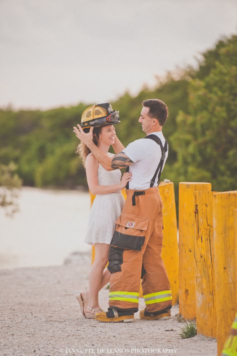 firefighter engagement photos - fireman - beach - Islamorada - Florida Firefighter Couple Pictures, Firefighter Photoshoot, Firefighter Engagement Pictures, Firefighter Couple, Fireman Wedding, Firefighter Engagement, Islamorada Florida, Prom Picture Poses, Prom Picture