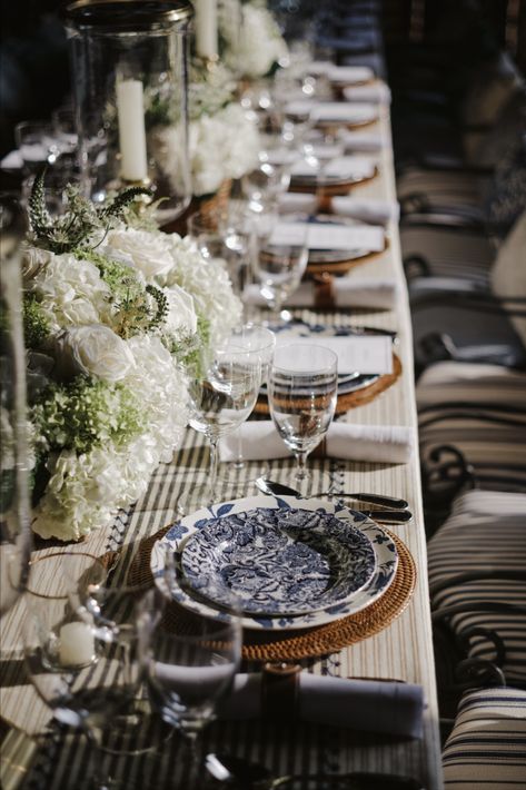 Ralph Lauren celebrated the second annual Hamptons dinner with Net-A-Porter and Mr. Porter at Mulford Farm, one of America’s most significant farmhouses. Signature dishes from The Polo Bar were served amidst Ralph Lauren Home blue and white fabrics by the yard. Dinner Party Tablescapes, Ashley Cooper, Pretty Table Settings, Dinner Party Decorations, Tablescape Inspiration, Dinner Table Setting, Table Setting Decor, Pretty Tables, Hamptons Style