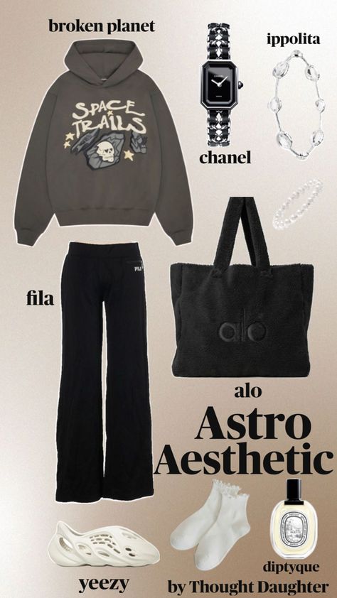 Achieve effortless style with this cozy space-themed hoodie and black wide-leg pants outfit, perfect for a casual, laid-back look. Featuring a 'Space Trails' graphic hoodie by Broken Planet, soft fleece tote from Alo, and iconic Yeezy foam runners, this outfit combines streetwear vibes with comfort. Ideal for everyday wear, this look is enhanced with minimal accessories like a chic Chanel watch and a crystal bracelet, making it a go-to choice for staying stylish and comfortable. Perfect for fans of urban fashion, celestial graphics, and relaxed athleisure looks, this outfit embodies both trendiness and ease."  This description incorporates keywords such as "space-themed hoodie," "casual, laid-back look," "streetwear vibes," "urban fashion Black Wide Leg Pants Outfit, Yeezy Foam Runners, Astro Aesthetic, Foam Runners, Athleisure Looks, Yeezy Foam, Wide Leg Pants Outfit, Broken Planet, Chanel Watch