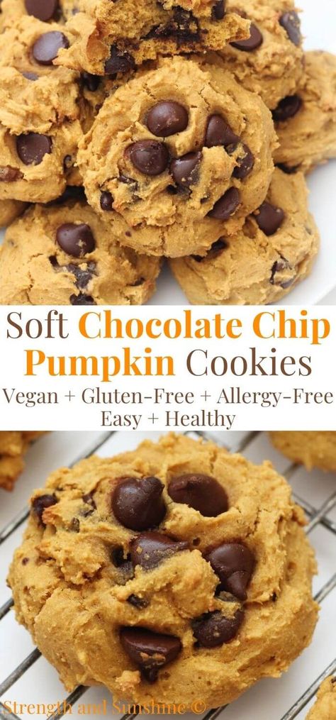 Soft Vegan Pumpkin Chocolate Chip Cookies (Gluten-Free, Allergy-Free) | Strength and Sunshine | These Vegan Pumpkin Chocolate Chip Cookies are super soft, loaded with pumpkin, and dairy-free dark chocolate chips! These healthy, gluten-free, and allergy-free pumpkin cookies are so easy to make, subtly sweet and flavored with cozy pumpkin spice! These cake-like cookies only take 10 minutes to bake and will be a favorite all season long! Healthy Pumpkin Cookies Easy, Almond Flour Pumpkin Chocolate Chip Cookies, Dairy Free Gluten Free Fall Recipes, Pumpkin Chocolate Chip Cookies Gf, Almond Flour Pumpkin Cookies, Eggs Dessert, Egg Desserts, Wfpbno Recipes, Vegan Pumpkin Chocolate Chip Cookies