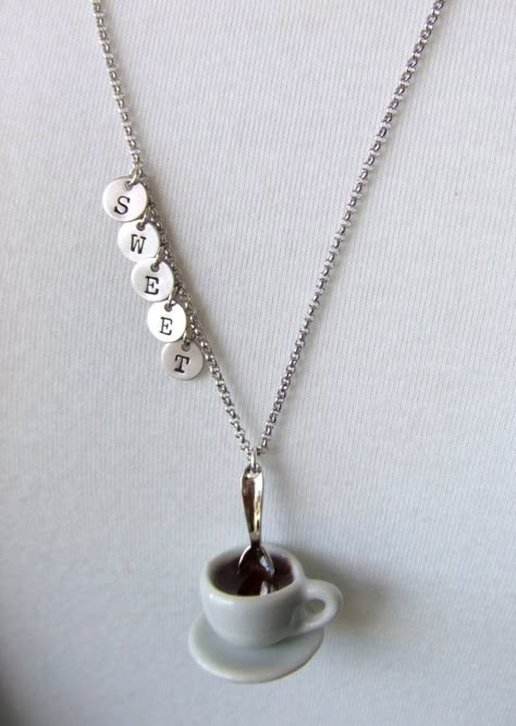 Coffee Cup Saucer Jewelry Necklace Hot Chocolate by LycheeKiss Detective Theme, Coffee Jewelry, Miniature Coffee, Barista Gift, Personalised Jewellery Necklaces, Spoon Gifts, Good Luck Necklace, Tiny Things, Silver Spoon