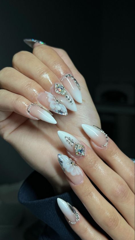 Almond Shaped Nails With Gems, Prom Nails Rhinestones Bling, Winter Wonderland Prom Dresses, Almond Nails Designs Jewels, Almond Nails With Diamonds Rhinestones, Quince Nails Almond Shape, Hoco Nail Ideas Almond, White Nails With Rhinestones Almond, Rhinestone Almond Nails Designs